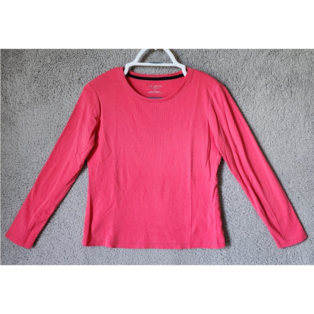 Talbots Long Sleeve Top Women Petite‎ Mp Coral Pink 100% Cotton Crewneck Basic